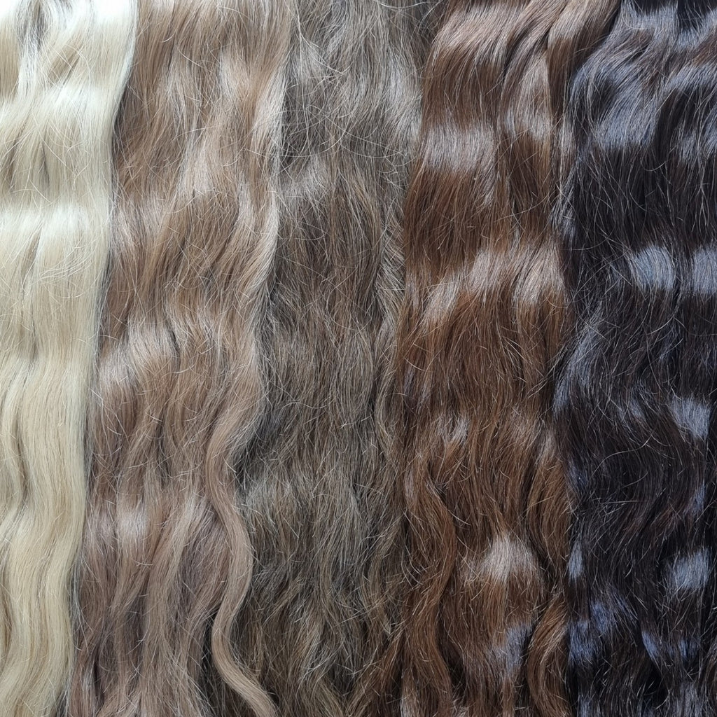 Wellige Echthaar Weft Tressen aus 100 % Remy Echthaar in verschiedenen Farben für natürliche Haarverlängerungen und Haarverdichtungen.