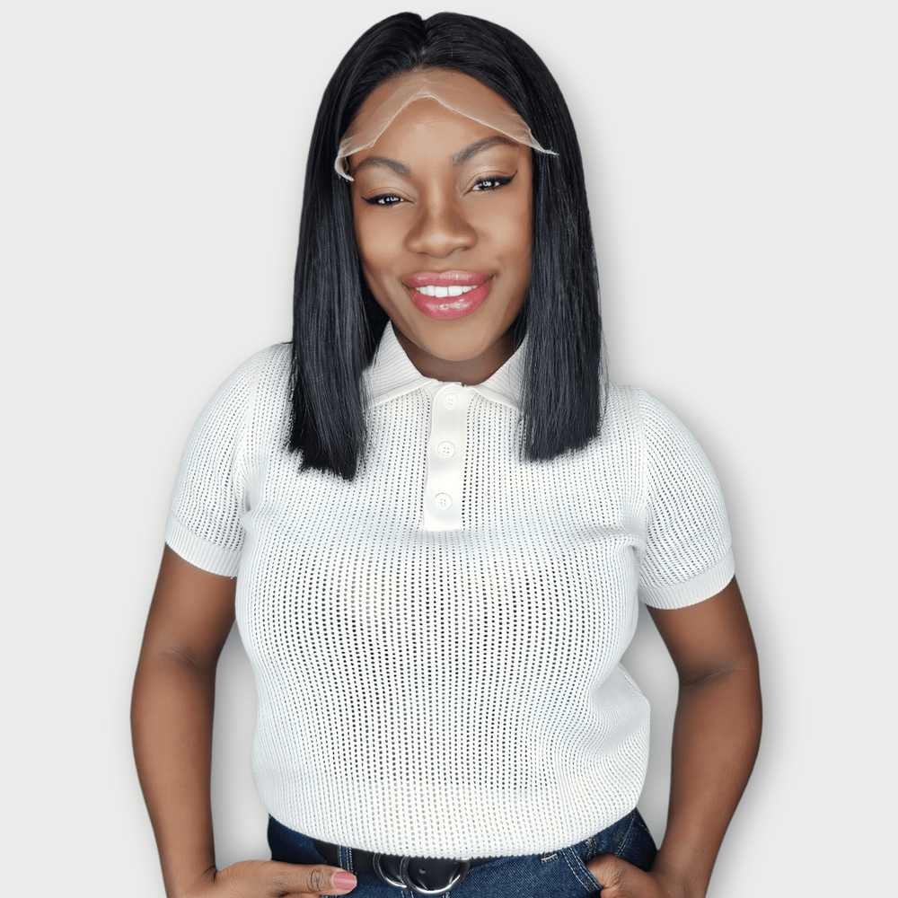 100 % Echthaar Perücke für Damen in Schwarz mit glattem schulterlangem Bob und natürlichem Look.