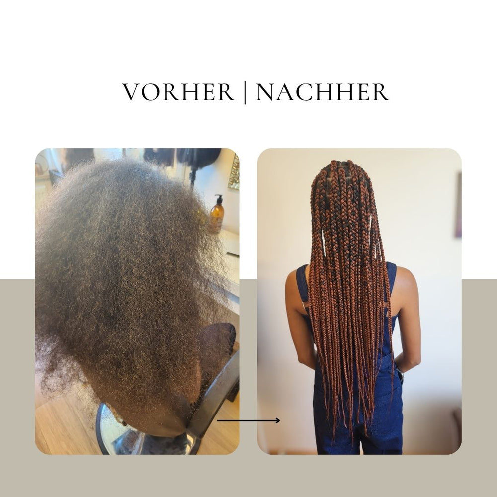 Vorher-Nachher Braids bei CK Hair in Augsburg – professionelle Haarverlängerung für Afrohaare mit hochwertigen Flechtfrisuren, mehr Länge und einem natürlichen Ergebnis.