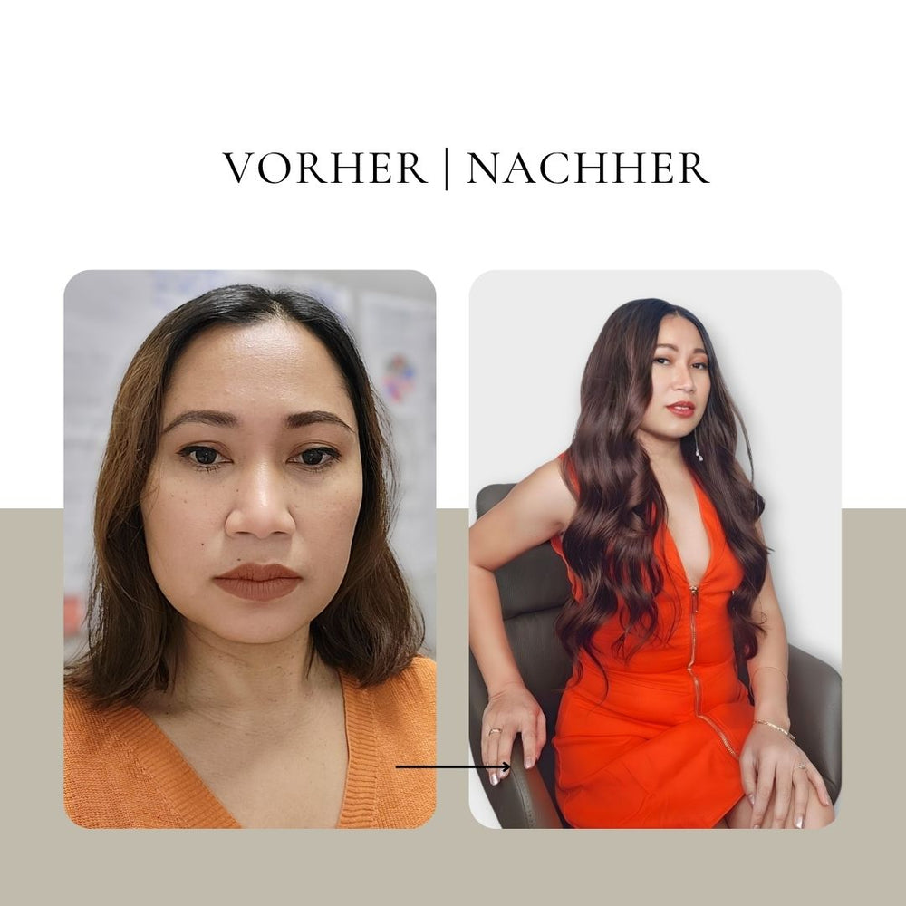 Vorher-Nachher mit Echthaarperücke von CK Hair in Augsburg – natürliche HD Lace Perücke aus Echthaar für mehr Volumen, Länge und einen realistischen Look.