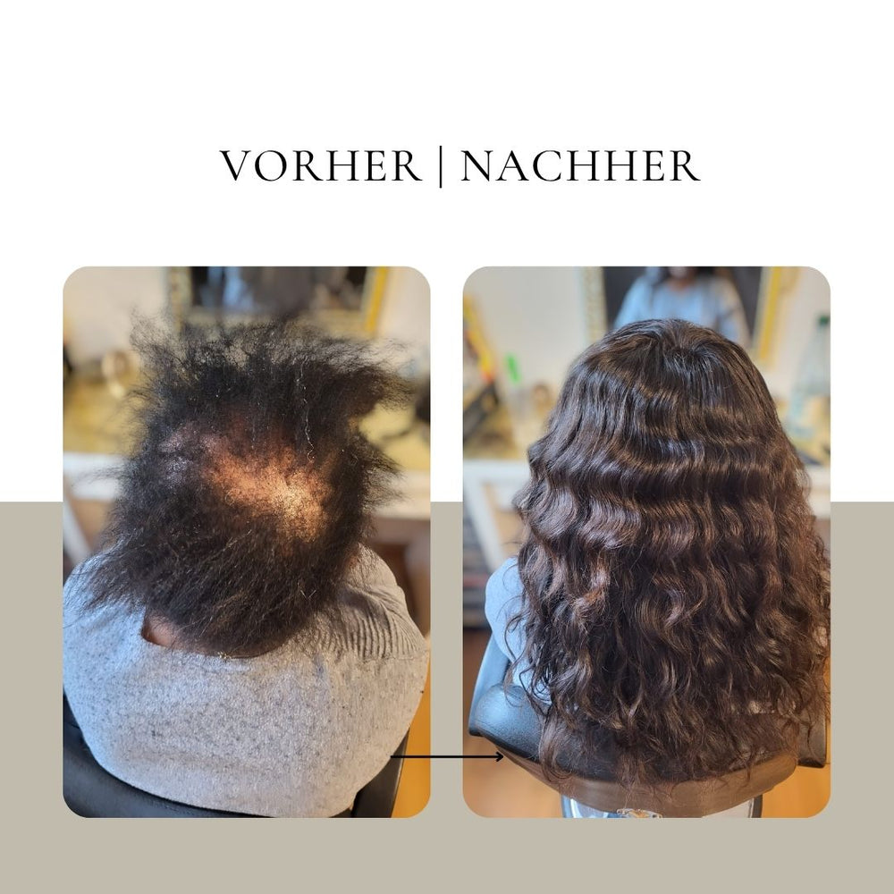 Vorher-Nachher Haarverdichtung mit Echthaar Extensions bei CK Hair in Augsburg – professionelle Haarverlängerung für mehr Haarvolumen, natürliche Fülle und ein unsichtbares Ergebnis.