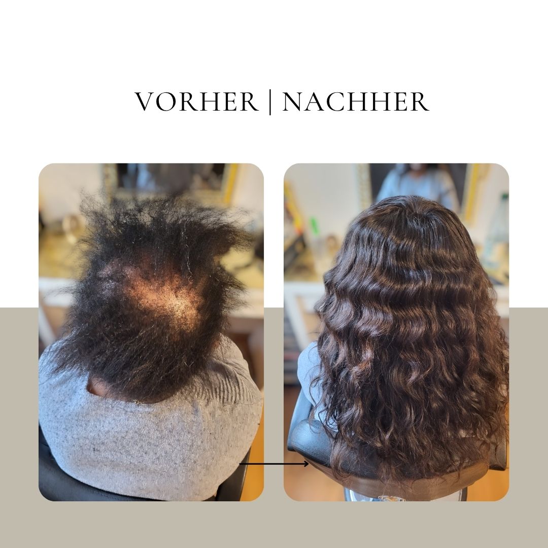 Vorher-Nachher Haarverdichtung mit Echthaar Extensions bei CK Hair in Augsburg – professionelle Haarverlängerung für mehr Haarvolumen, natürliche Fülle und ein unsichtbares Ergebnis.