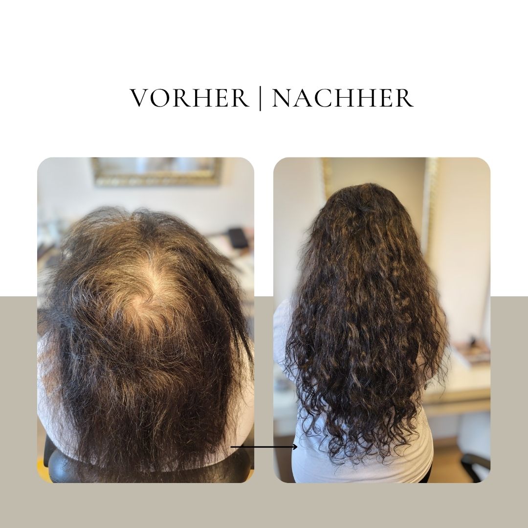 Vorher-Nachher Haarverdichtung mit Echthaar Extensions bei CK Hair in Augsburg – professionelle Haarverlängerung für mehr Volumen und natürliche Fülle.