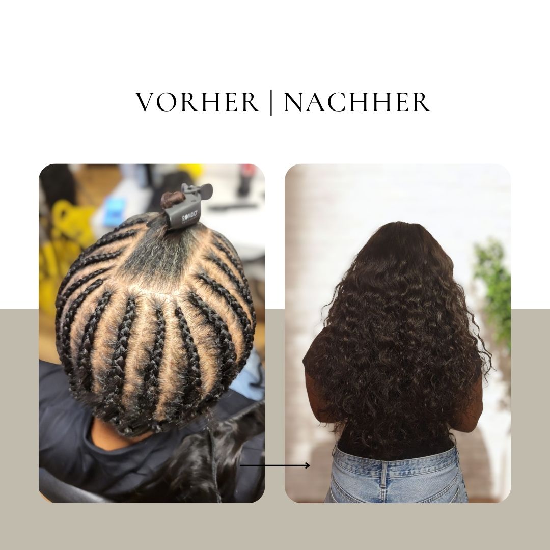 Vorher-Nachher Weaving Haarverlängerung mit Cornrows und Echthaar Tressen bei CK Hair in Augsburg – professionelle Haarverlängerung für Afrohaare mit natürlichem, vollem Ergebnis.